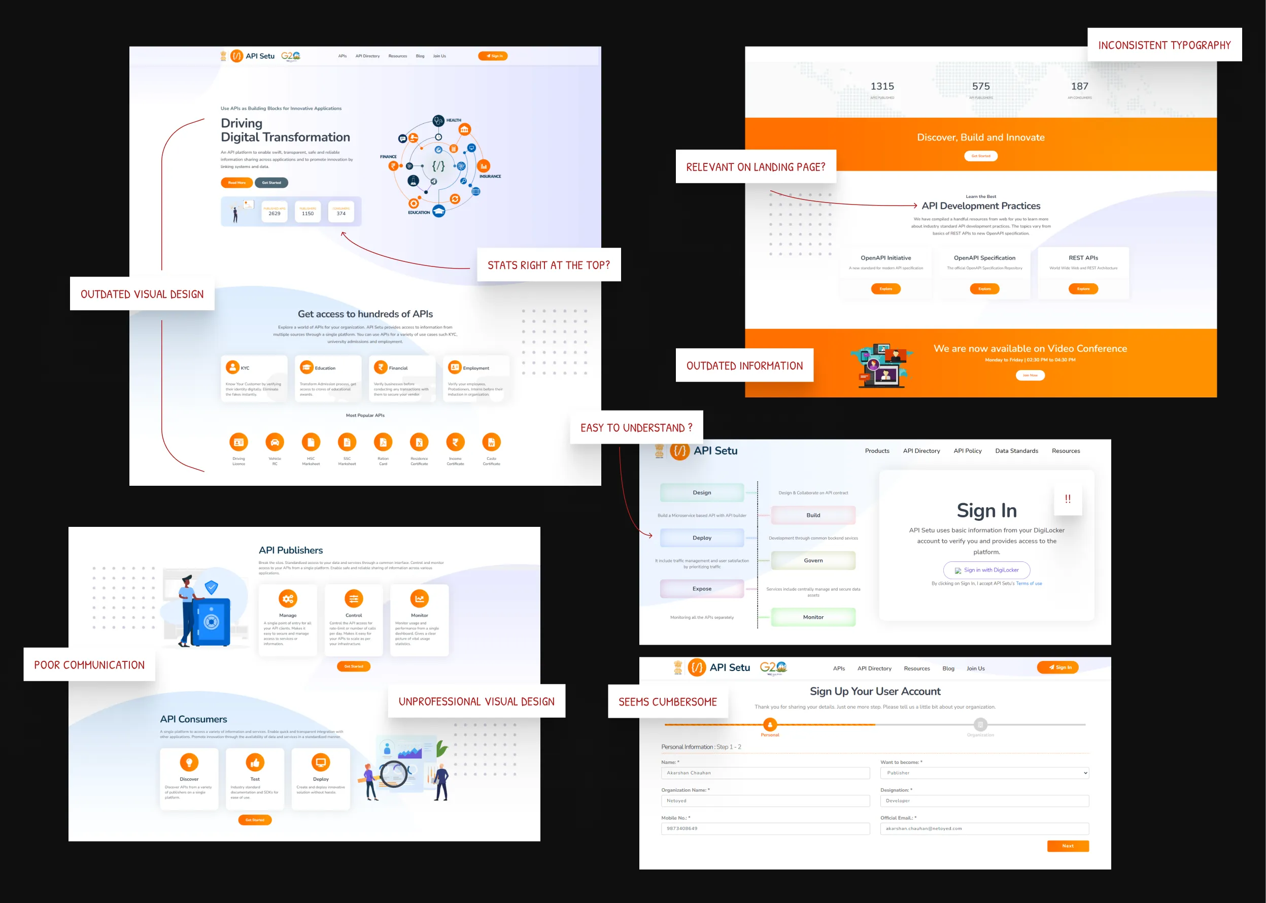 Existing API Setu homepage showing the visual and UX problems